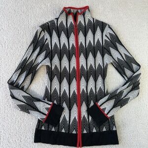 Icelandic Design Chevron Zip Sweater Jacket Women's M Black White Red Trim $159